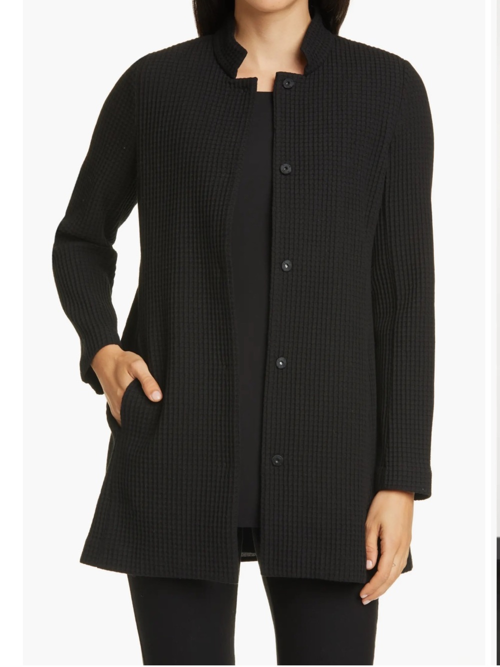 EILEEN FISHER Women's Medium Black Waffle Knit Snap up Long Knit Cardigan Jacket